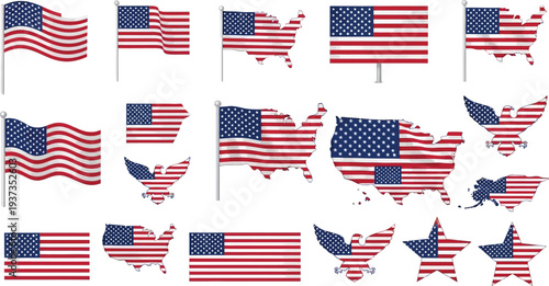 Various stylized representations of the United States flag incorporate map outlines and star shapes against a white.
