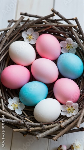 Soft, Diffused Morning Light Falling Across a Rustic, Twigwoven Nest Filled with Smooth, Brightly Dyed Easter Eggs, Accented by Delicate White and Pale