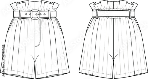 Fashion flat sketch, high waist belted shorts, ruffle waistband detail, front and back view, technical drawing template, stylish summer apparel

 flat vector illustration