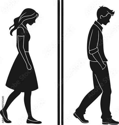 Silhouette of a Man and Woman Walking Apart with a Divider