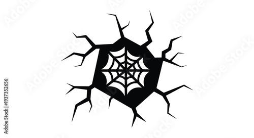 A stark black irregular cracked shape with jagged edges radiates outwards from a central point on a pure white background.