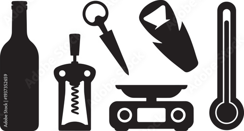Black and white wine and kitchen utensil wine bottle corkscrew wine key kitchen scale thermometer