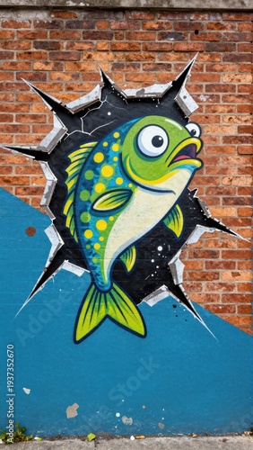 Vibrant, Gritty Street Art Mural of Mischievous Cartoon Fish Leaping from Weathered Brick Wall Cracks with Large Eyes, Urban Graffiti Art Scene
