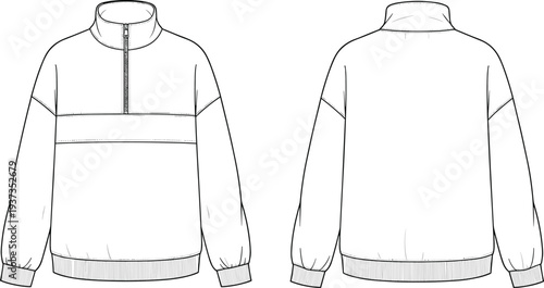 Front and back view technical flat sketch, quarter zip pullover jacket, ribbed cuffs and hem, high neck collar design, unisex outerwear

 flat vector illustration