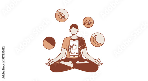 Person meditating in lotus position surrounded by astrological symbols and planets in minimalist illustration style