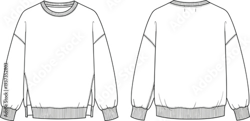 Flat fashion technical sketch of oversized long sleeve sweatshirt with ribbed hem, side slit, round neck, front and back view

 flat vector illustration
