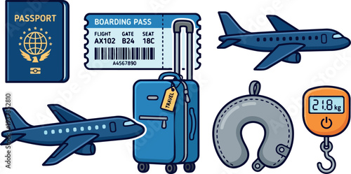 Flat minimalist design close up travel icons passport boarding pass airplane rolling suitcase neck pillow luggage scale blue and orange