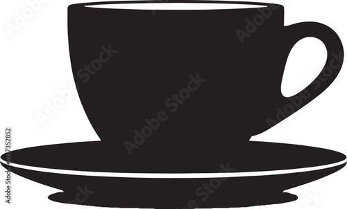 Black silhouette of a coffee cup and saucer on white background