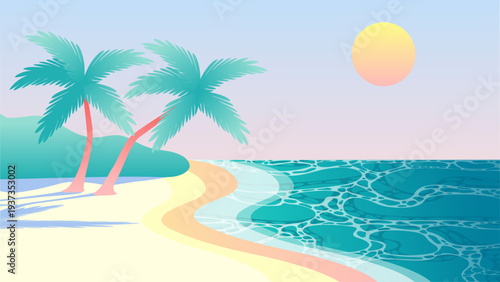 Tropical coast landscape wallpaper. Exotic paradise island coastline scene background. Flat vector illustration.