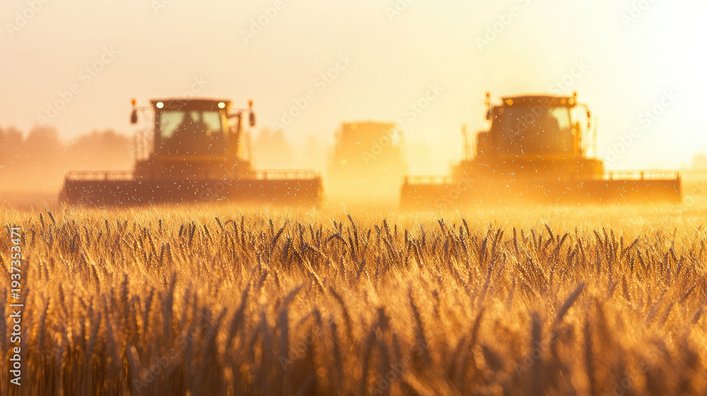 Fototapeta premium Blurred background of agricultural machinery harvesting wheat in a field, out-of-focus image, silhouettes of combines, yellow field, blue sky, harvest, tractor, farming, wheat ears