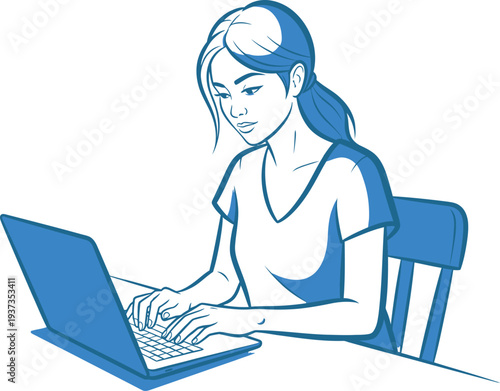 Woman sitting and using laptop isolated on transparent background