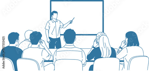A man giving a presentation to a group of people isolated on transparent background