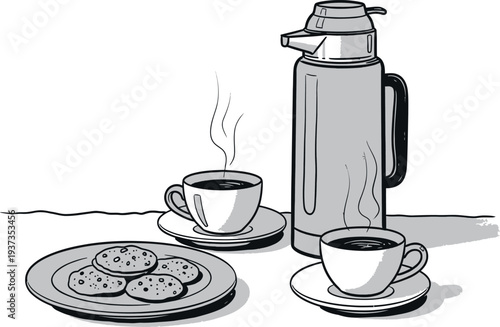 Black and white illustration of a coffee thermos with two cups and saucers and a plate of cookies isolated on transparent background