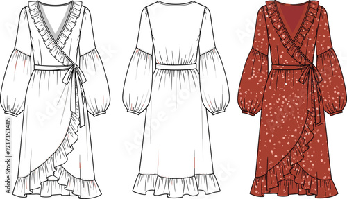 Ruffle wrap midi dress, floral print design, long puff sleeves, women’s fashion flat sketch, elegant boho style, stylish outfit illustration

 flat vector illustration