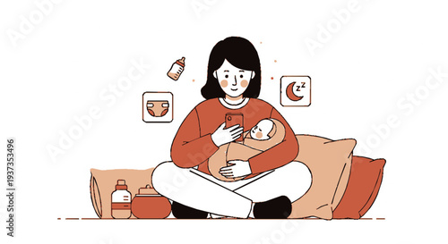 Mother breastfeeding baby on couch with baby supplies nearby in a cozy home setting with soft lighting