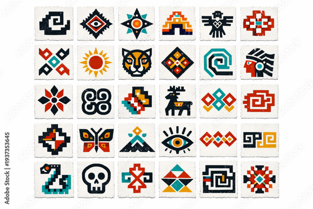 Fototapeta premium Mexican Indigenous Pattern Icon Set with Zapotec, Huichol, Wixárika, and Maya Geometric Symbols in Distressed Vector Style
