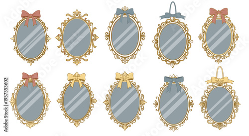 Ten ornate oval mirrors with decorative gold frames and assorted colored bows are symmetrically arranged in two rows against a light grey background.