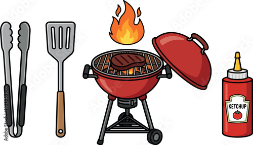 Flat design close up red kettle grill with steak on grate spatula and tongs beside ketchup bottle bright lighting playful