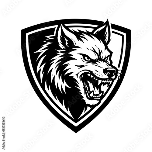 aggressive wolf head logo design black white shield fierce animal mascots sports teams security protection wild canine emblem