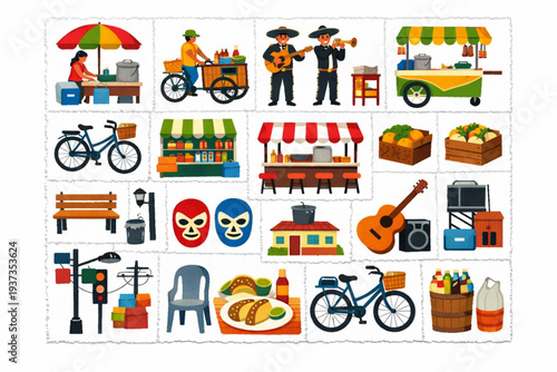 Mexican Street Life Icon Set with Street Vendors, Taco Carts, Musicians, Public Transport, and Urban Signage in Distressed Vector Style