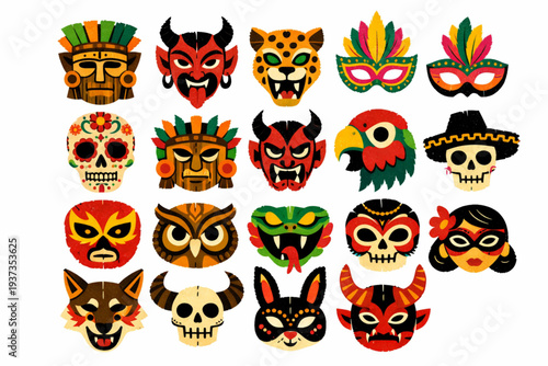 Mexican Traditional Mask Icon Set with Carnival Faces, Wooden Ritual Masks, Devil Figures, and Animal Motifs in Distressed Vector Style