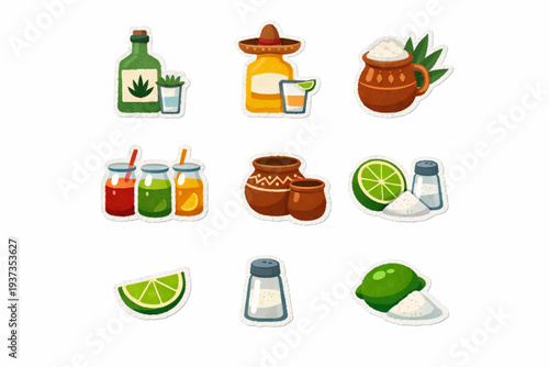 Mexican Traditional Drinks Icon Set with Tequila, Mezcal, Pulque, Aguas Frescas, and Lime Symbols in Distressed Flat Vector Style