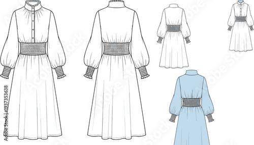 Women's vintage dress sketch, high neck long sleeve dress, smocked waist gown, fashion technical drawing, detailed clothing flat illustration

 flat vector illustration