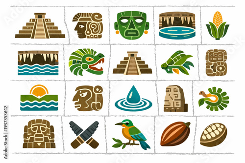 Yucatán and Maya Heritage Icon Set with Stepped Pyramids, Jade Masks, Cenotes, and Mayan Glyphs in Distressed Vector Style