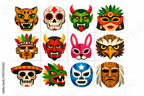 Mexican Traditional Mask Icon Set with Carnival Faces, Wooden Ritual Masks, Devil Figures, and Animal Motifs in Distressed Vector Style