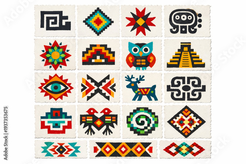 Mexican Indigenous Pattern Icon Set with Zapotec, Huichol, Wixárika, and Maya Geometric Symbols in Distressed Vector Style