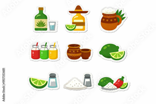 Mexican Traditional Drinks Icon Set with Tequila, Mezcal, Pulque, Aguas Frescas, and Lime Symbols in Distressed Flat Vector Style