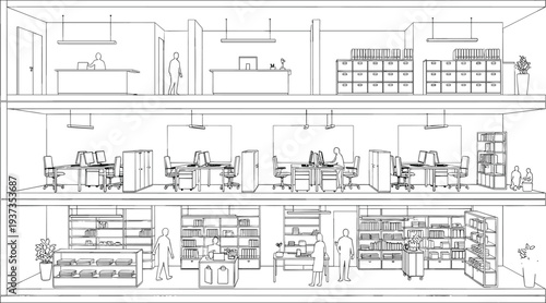 Three-story office and retail building sketch, modern workspace with people, desks, storage cabinets, file shelves, and retail display layout

 flat vector illustration
