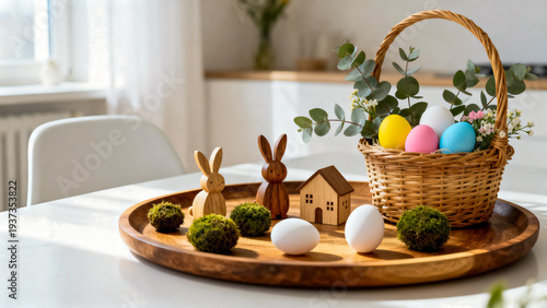 Wallpaper Mural Charming Easter display on a wooden platter with decorative bunnies, miniature house, moss balls, and colorful eggs, evoking a whimsical spring feel. Torontodigital.ca