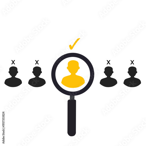 Magnifying glass highlighting candidate among people icons, concept of recruitment, hiring process, talent search, and human resources.