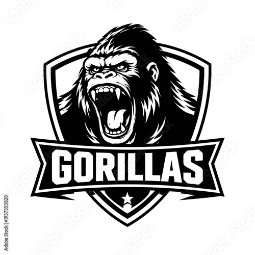 Gorilla logo design with shield and banner, aggressive primate mascot for sports team or brand identity, fierce animal symbol