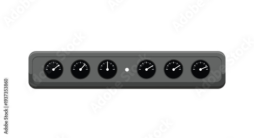 A long, rectangular grey panel displays six identical circular black gauges with white needles and one central white indicator light.