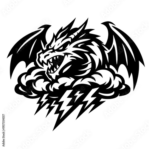Black and white dragon illustration with lightning bolts and clouds, a mythical creature symbolizing power and energy in a dramatic scene