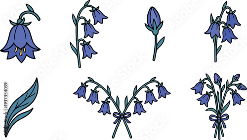 Flat design close up bluebell flower icons set stems buds bouquet tied hand drawn outline side view playful summer delicate