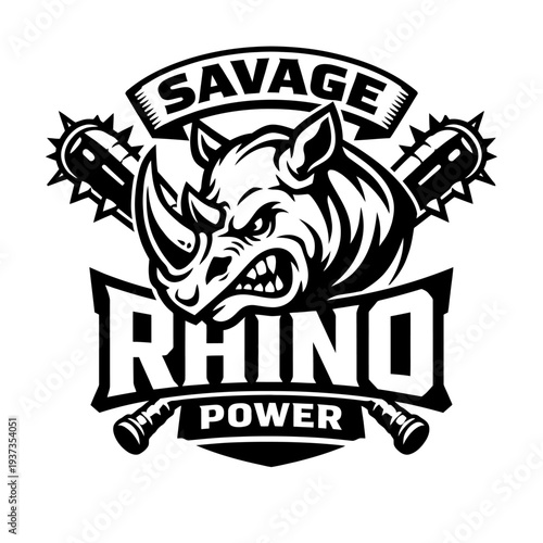 Savage Rhino Power graphic design with rhino head and maces, symbolizing strength and ferocity in a bold black and white illustration