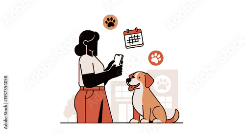 Woman with dog scheduling veterinary appointment on mobile device pet care concept with paw prints and calendar