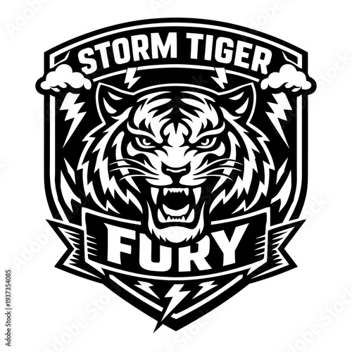 Storm Tiger Fury logo, fierce tiger head illustration, bold typography, graphic design element, isolated on white background