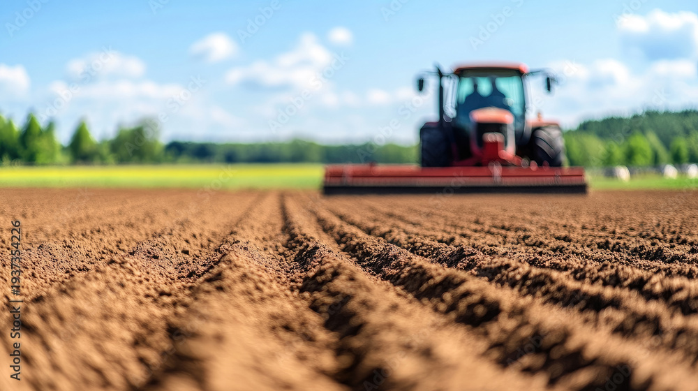 Obraz premium A tractor with a grain seeder sows grain on a plowed field, earth with furrows, blue sky, agricultural machinery, sowing, spring, agriculture, farm, wheat field, barley, ploughing a field