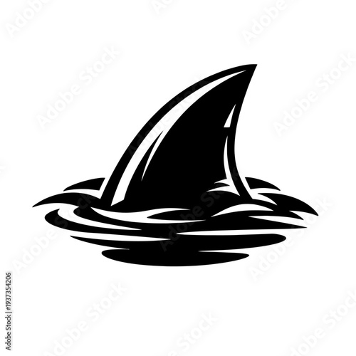 A black and white illustration of a shark fin cutting through the water's surface, creating ripples and waves around it, isolated on a white background.