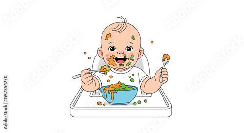 A cheerful baby with light hair sits in a white high chair, covered in orange and green pureed food, holding two spoons.