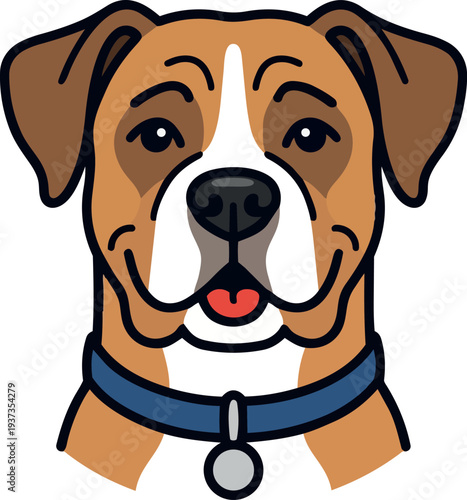 Flat design vector close up friendly brown dog face wearing blue collar looking at camera with tongue out happy smiling