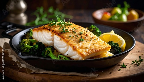 Prepared white fish fillet, cooked, with broccoli and lemon served in a dark skillet on wooden platter