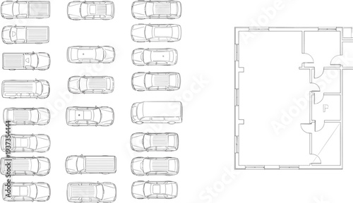 Top view car parking lot with floor plan, vehicle layout illustration, auto blueprint drawing, parking area design, garage plan rendering

 flat vector illustration