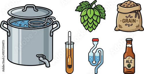 Flat design close up brewing equipment kettle with lid and tap hops and grain sack hydrometer airlock and ale bottle