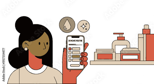 Woman holding smartphone with skincare app interface surrounded by cosmetic products and ingredient icons on white background