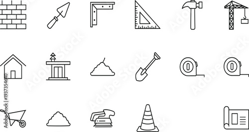 Construction Icon Set with Hammer Crane Brick Wall Trowel Shovel Tape Measure Level Wheelbarrow Vector Outline Illustration Isolated on White